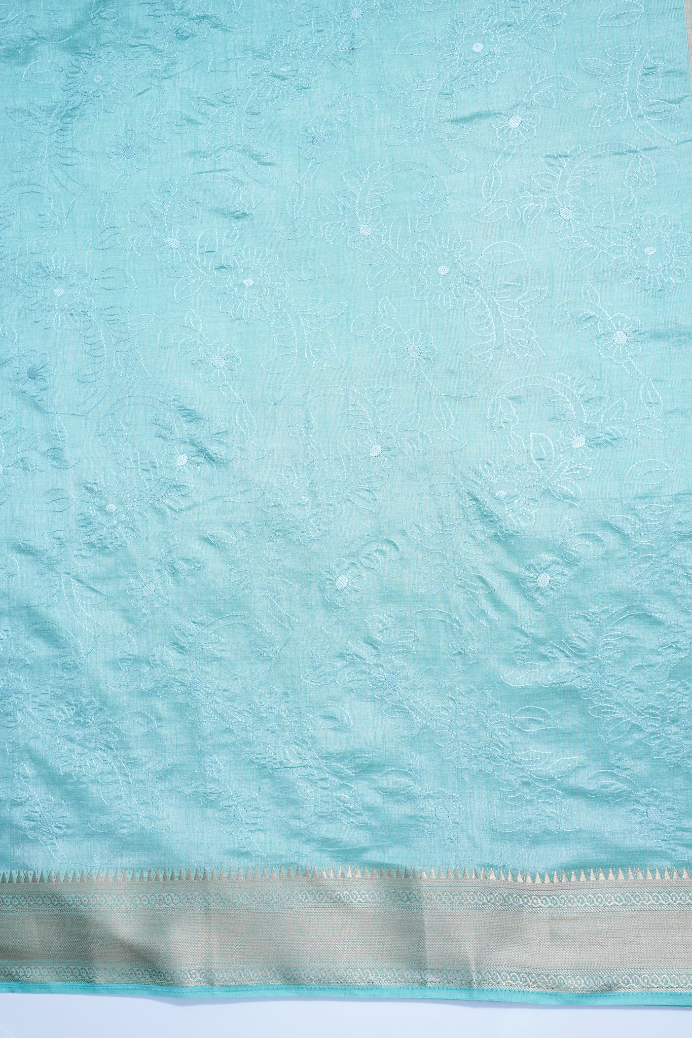 Teal Raw Tussar Fabric with Floral Jaal Embroidery