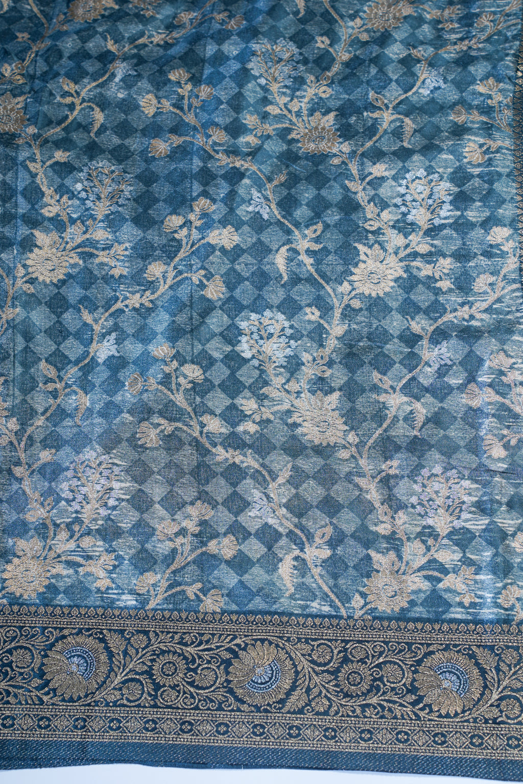 Teal Blue Mushroo Silk Kalamkari Print Fancy Saree