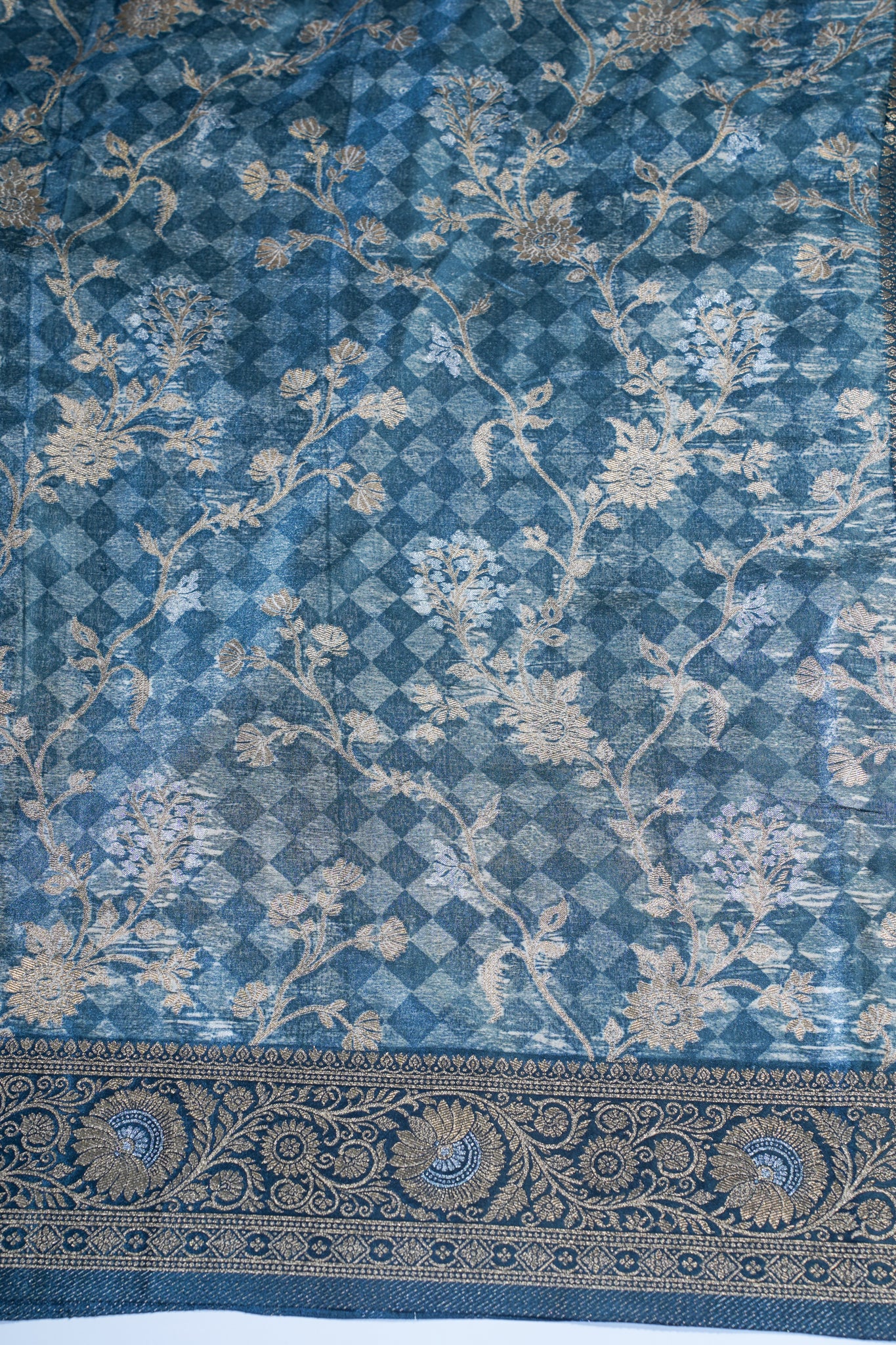 Teal Blue Mushroo Silk Kalamkari Print Fancy Saree