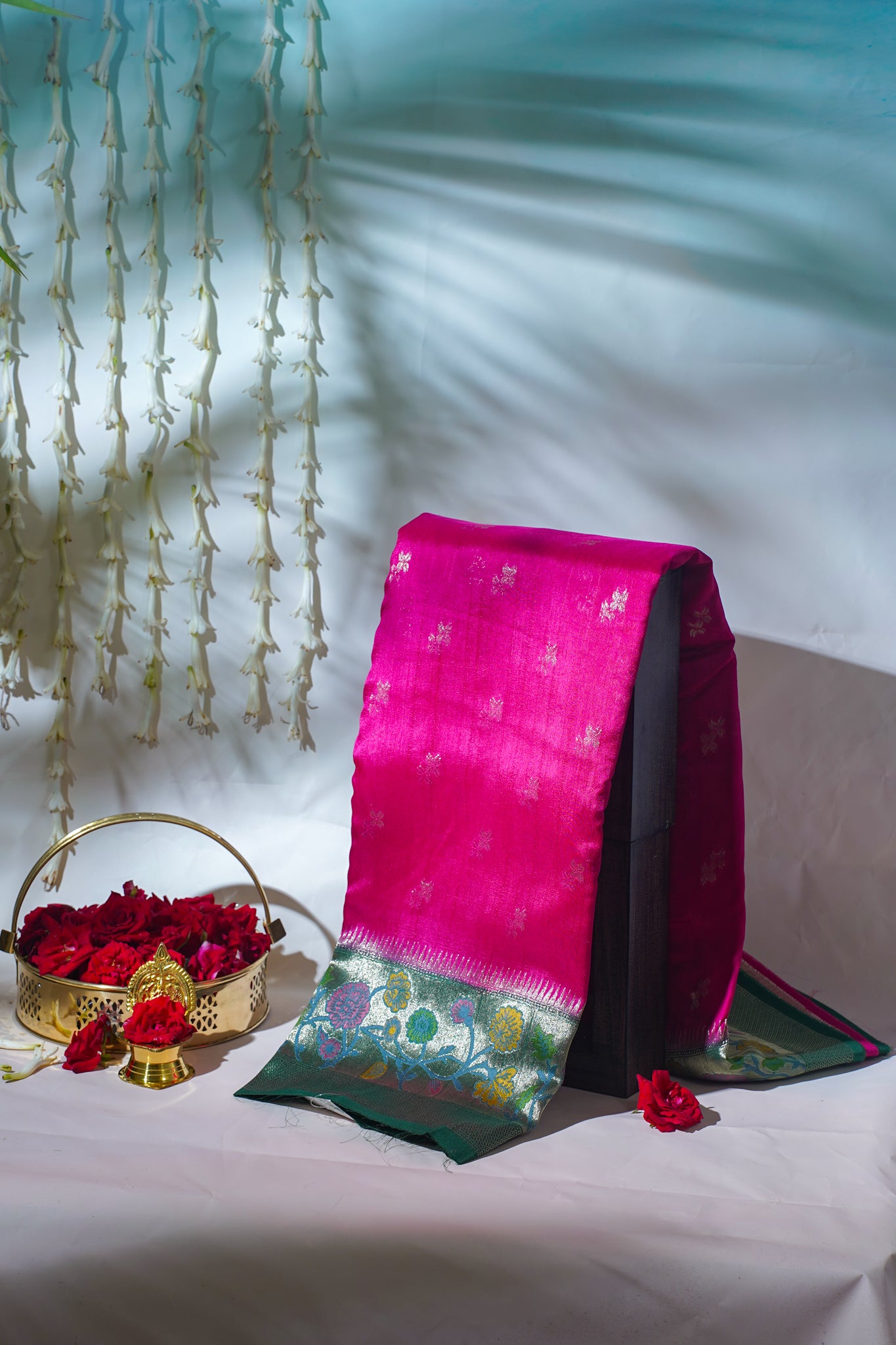 Pink Tussar Pathony Saree with Green Contrast Border