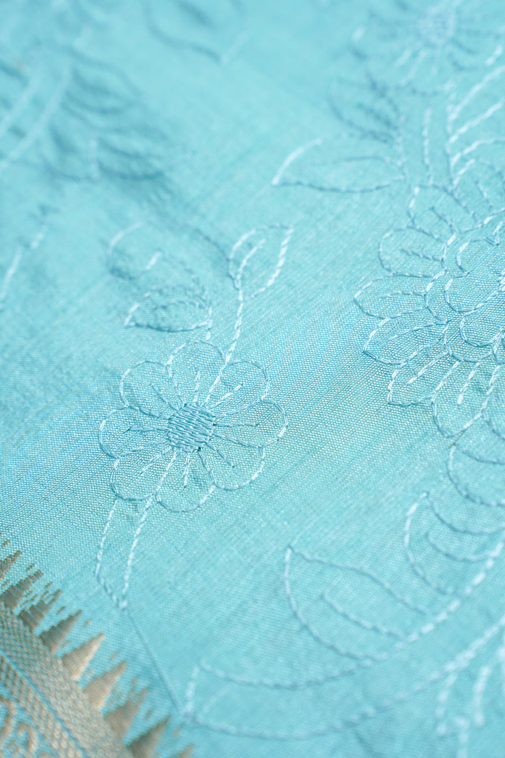 Teal Raw Tussar Fabric with Floral Jaal Embroidery