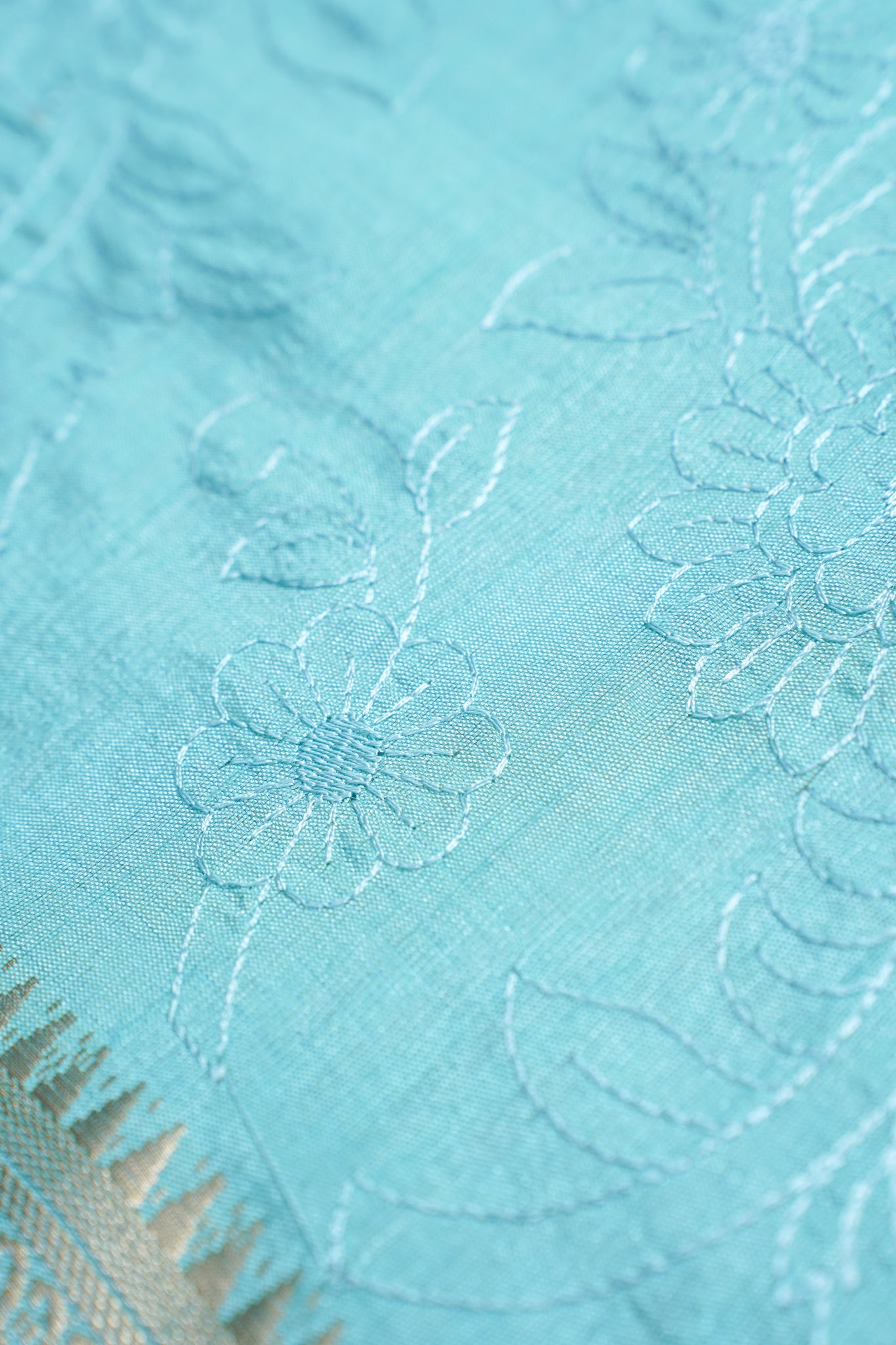 Teal Raw Tussar Fabric with Floral Jaal Embroidery