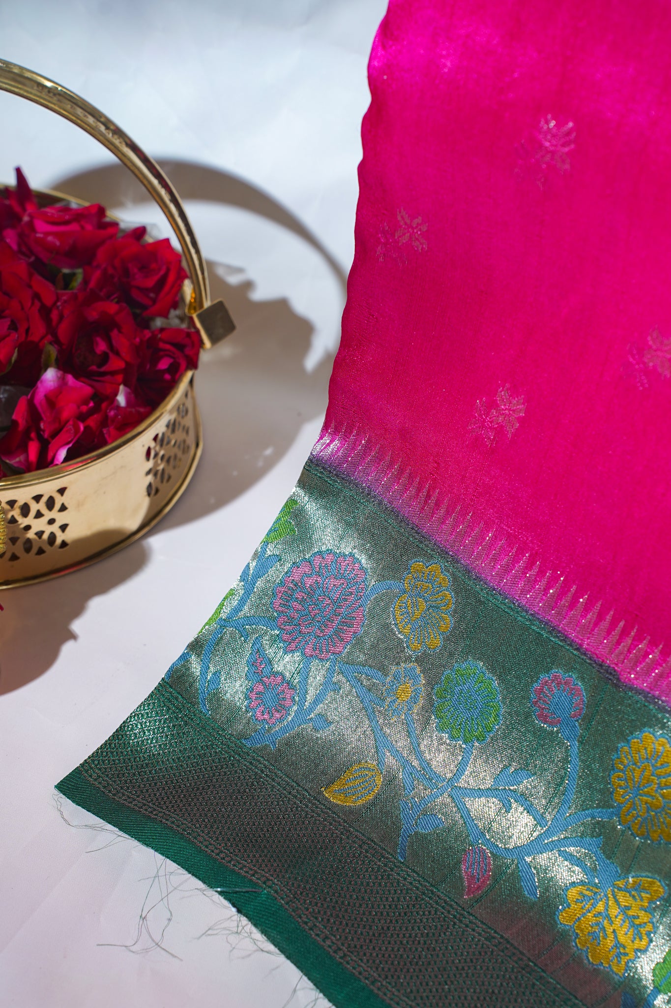 Pink Tussar Pathony Saree with Green Contrast Border