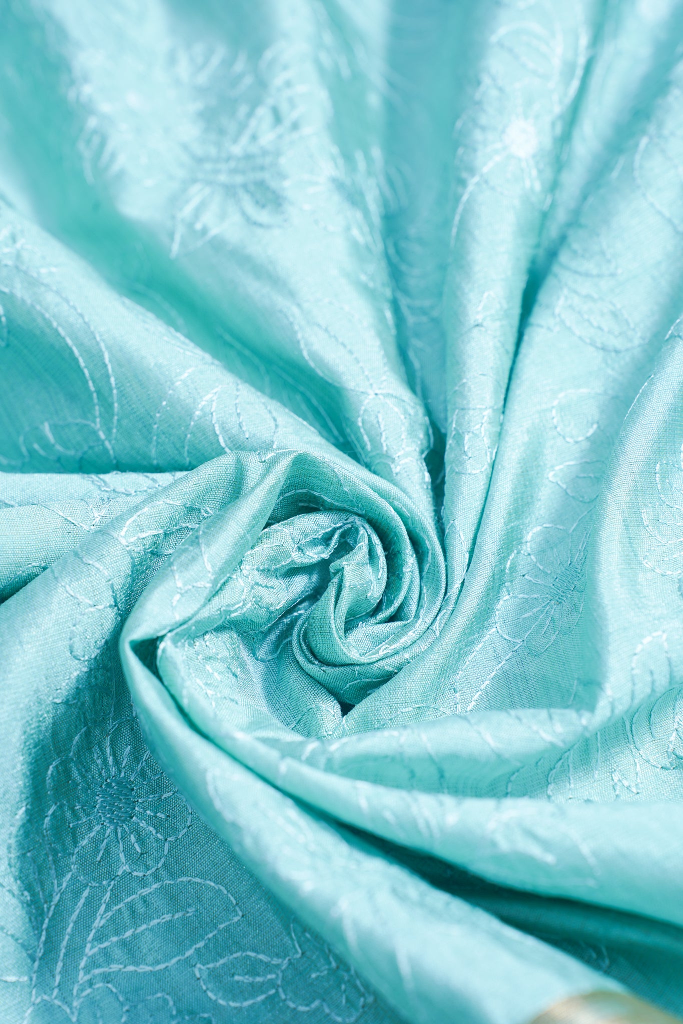 Teal Raw Tussar Fabric with Floral Jaal Embroidery
