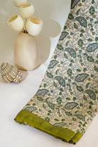 Cream Tussar Silk Saree with Green Border & Kalamkari Print (Washable)