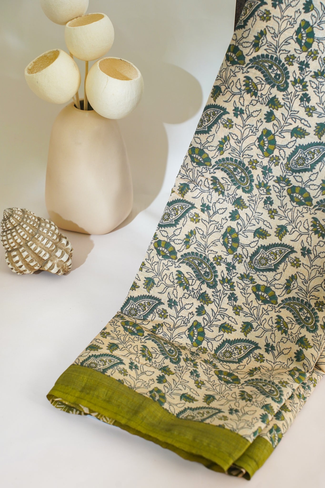 Cream Tussar Silk Saree with Green Border & Kalamkari Print (Washable)