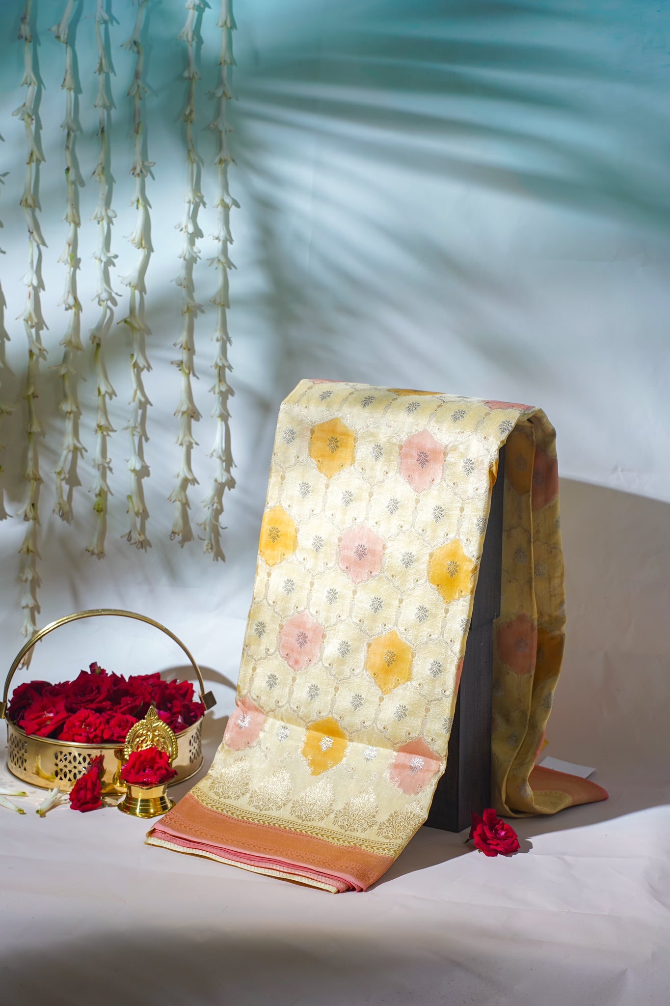 Yellow Georgette Weaving Saree with Pink and Orange Floral Patterns