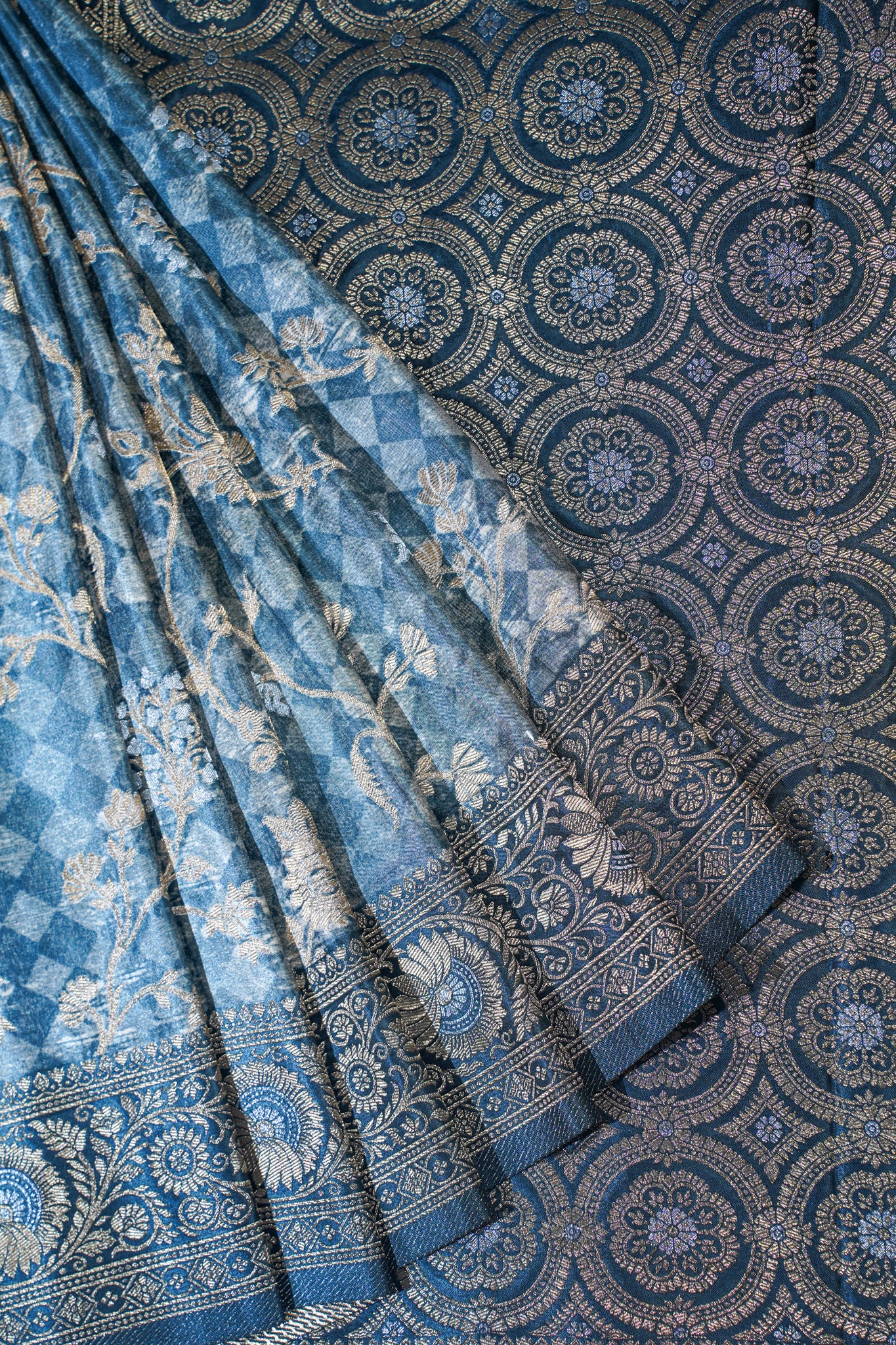 Teal Blue Mushroo Silk Kalamkari Print Fancy Saree
