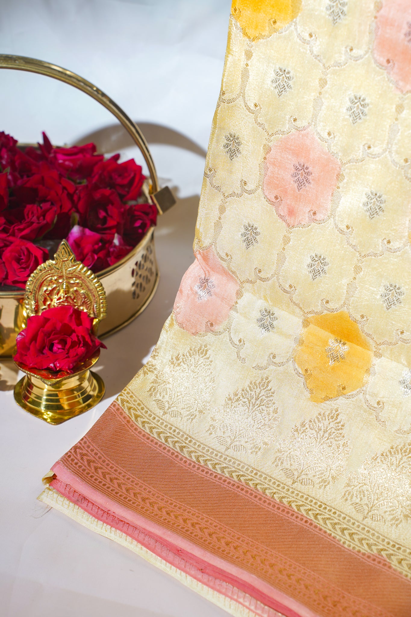Yellow Georgette Weaving Saree with Pink and Orange Floral Patterns