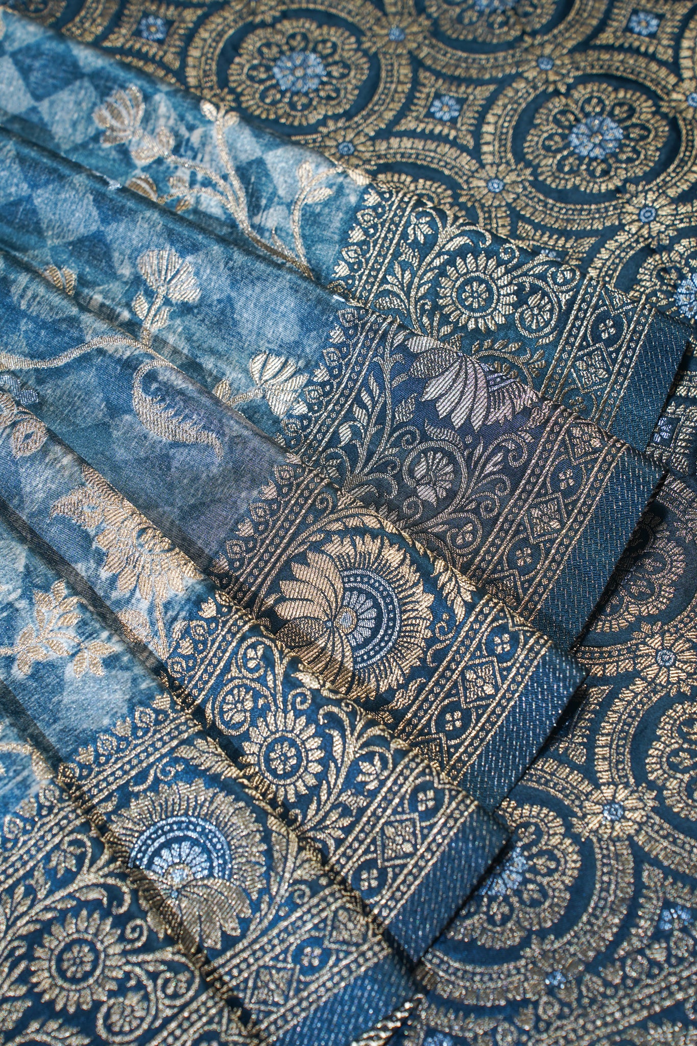 Teal Blue Mushroo Silk Kalamkari Print Fancy Saree