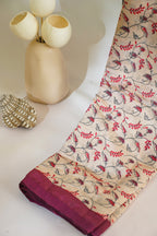 Cream Tussar Silk Saree with Pink Border & Kalamkari Print (Washable)