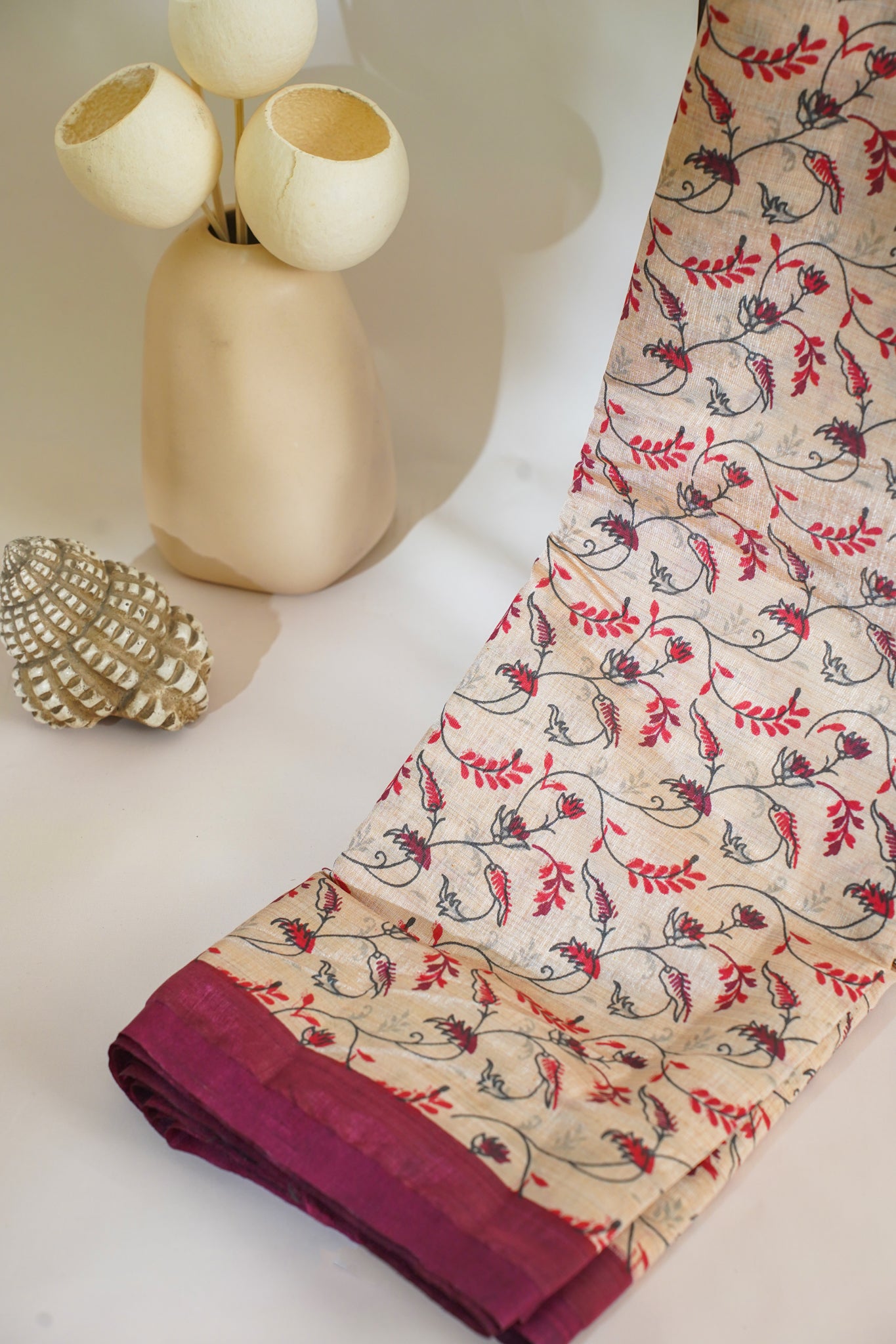 Cream Tussar Silk Saree with Pink Border & Kalamkari Print (Washable)