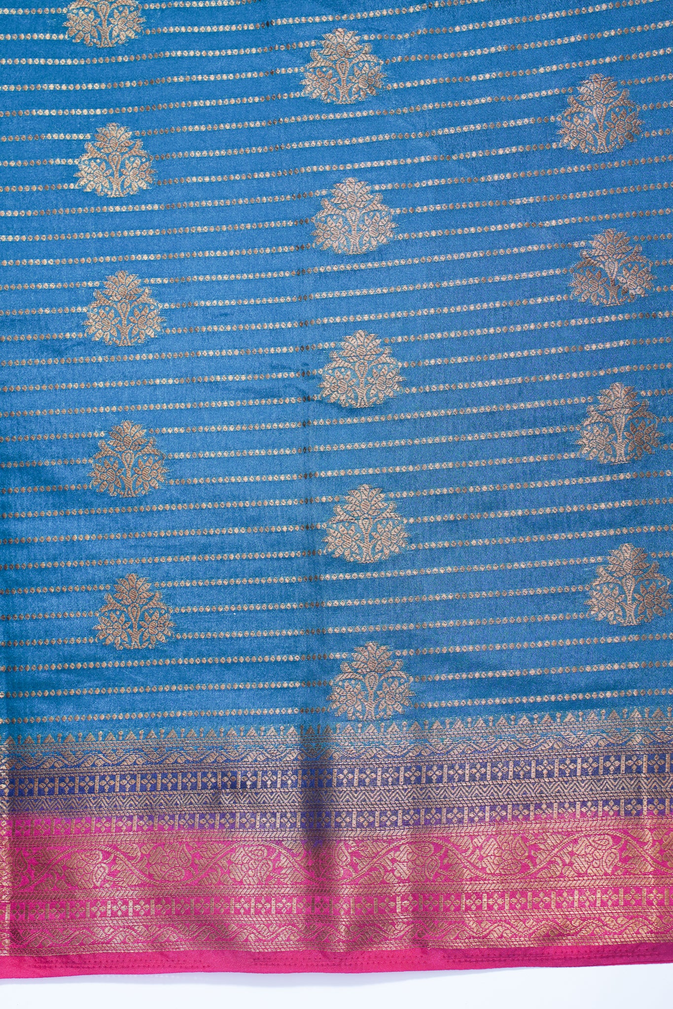 Blue Pure Chiniya Silk Saree with Pink Antique Zari Border