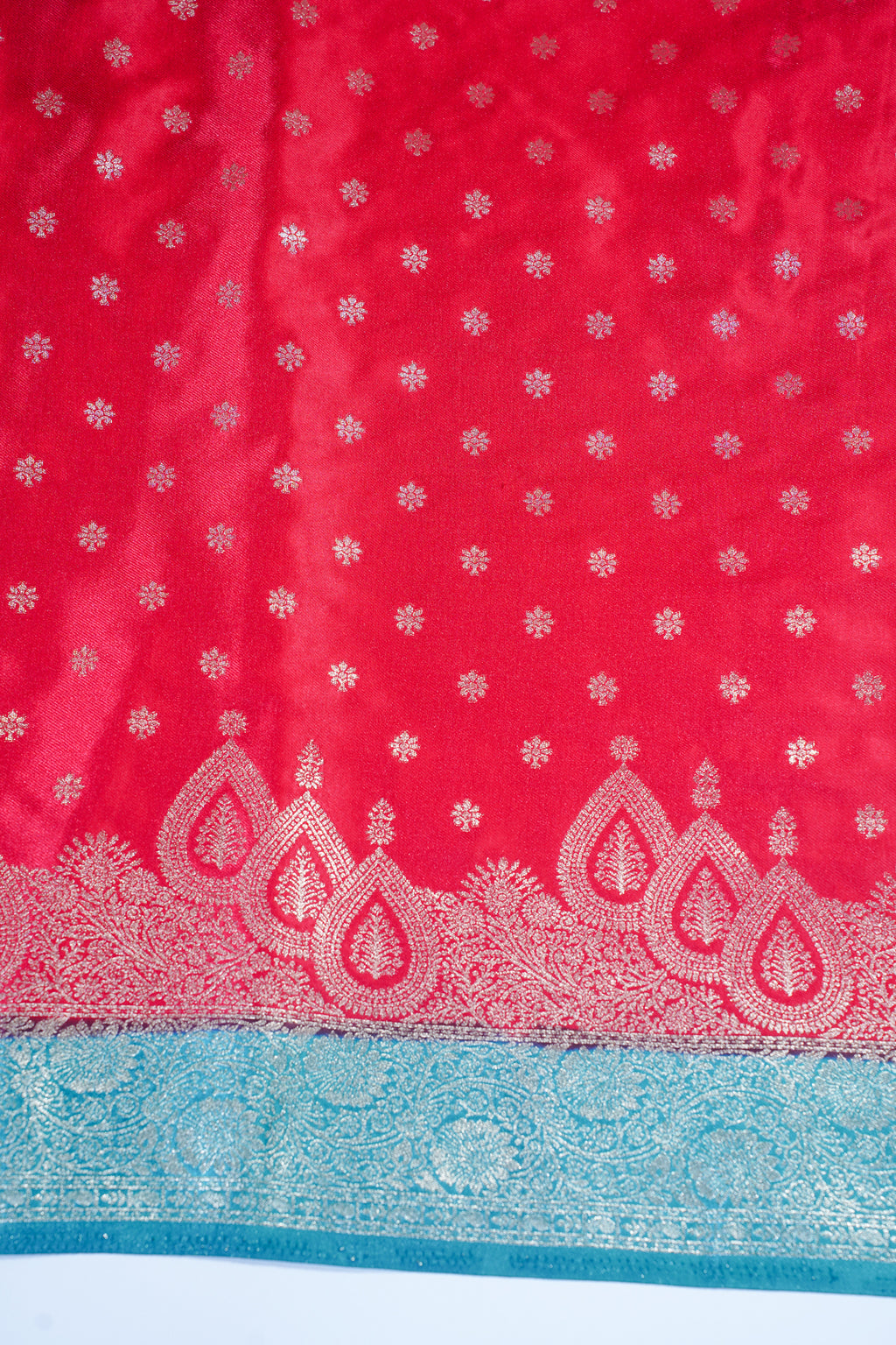 Red Mushroo Silk Saree with Blue Contrast Border