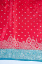 Red Mushroo Silk Saree with Blue Contrast Border