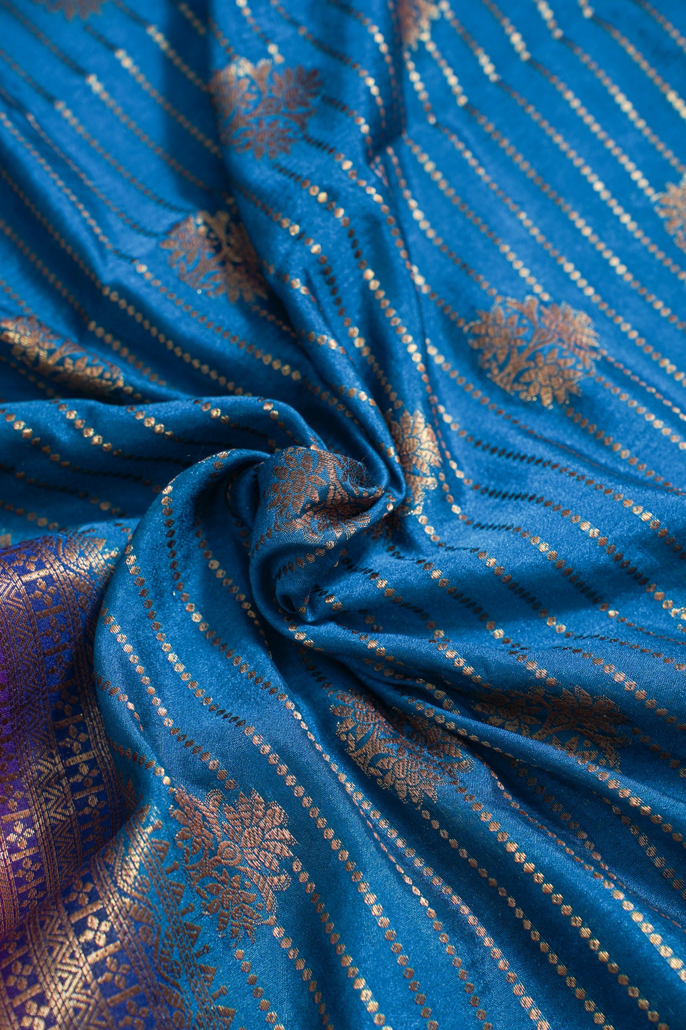 Blue Pure Chiniya Silk Saree with Pink Antique Zari Border