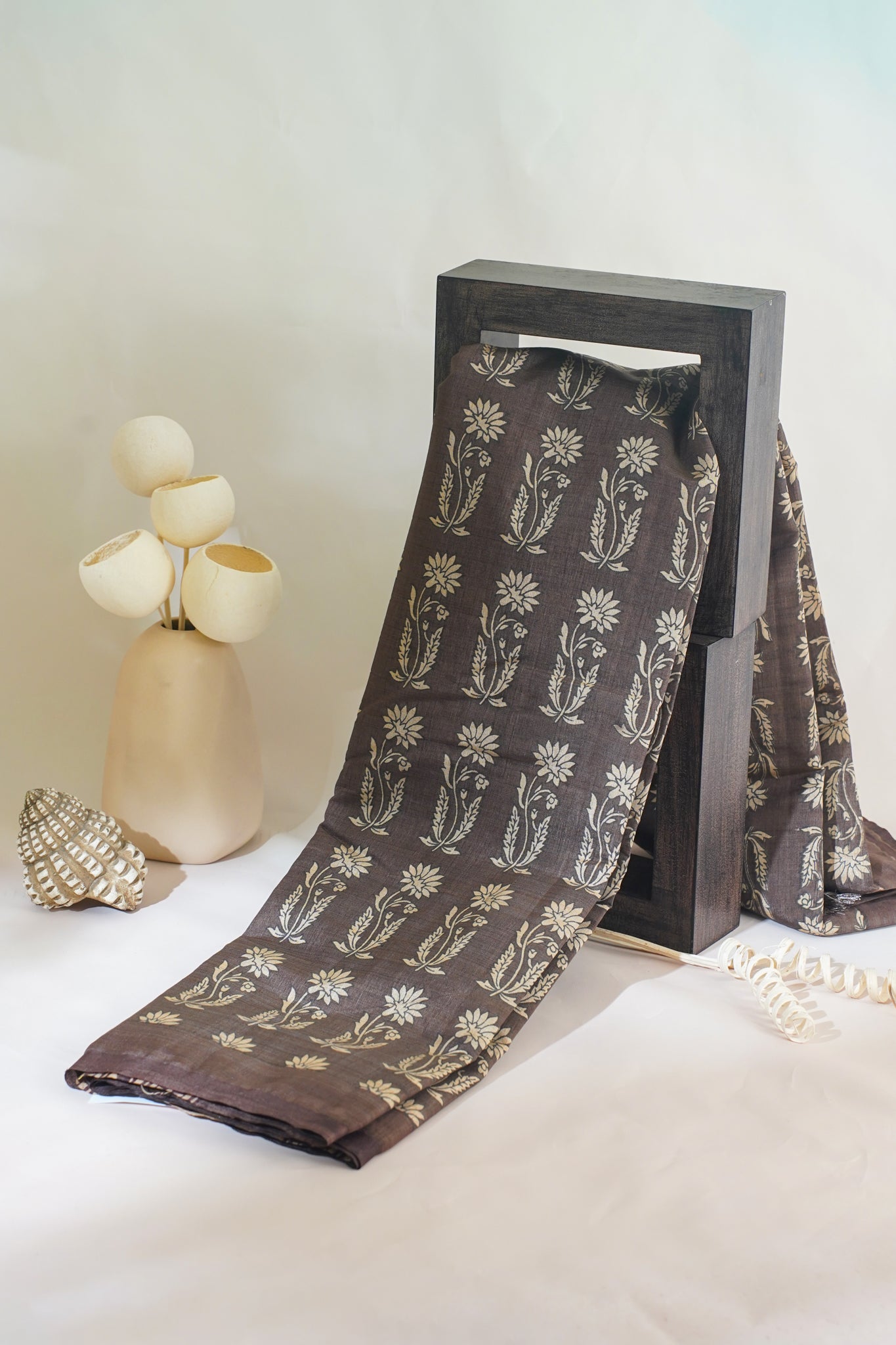 Brown Tussar Silk Saree with Kalamkari Print (Washable)