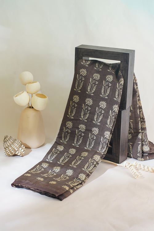Brown Tussar Silk Saree with Kalamkari Print (Washable)