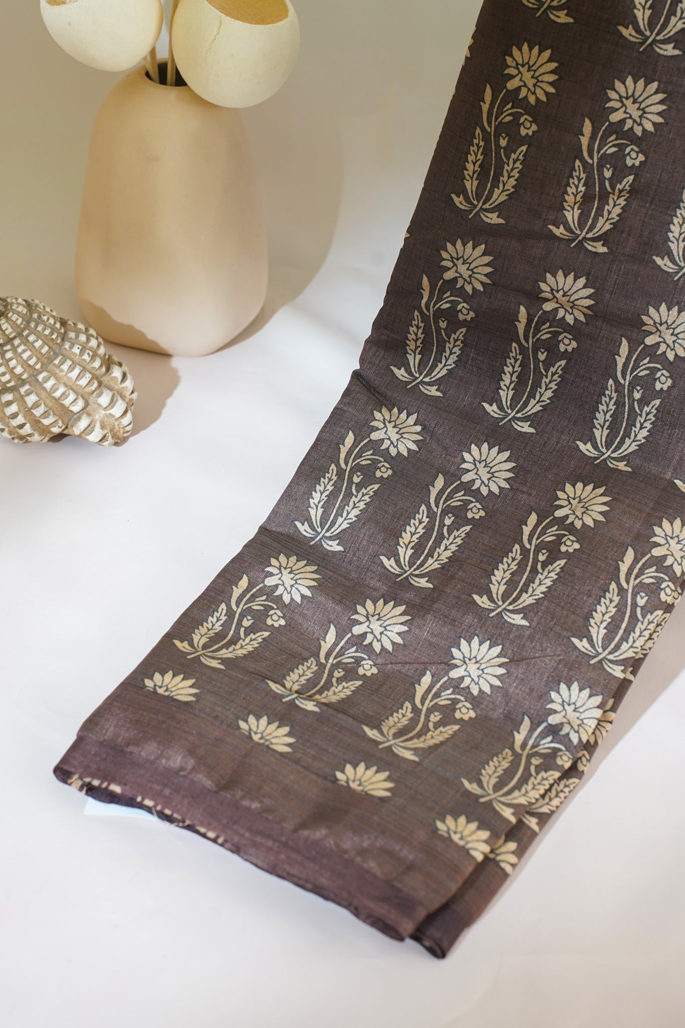 Brown Tussar Silk Saree with Kalamkari Print (Washable)