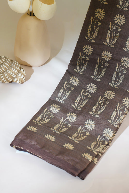 Brown Tussar Silk Saree with Kalamkari Print (Washable)
