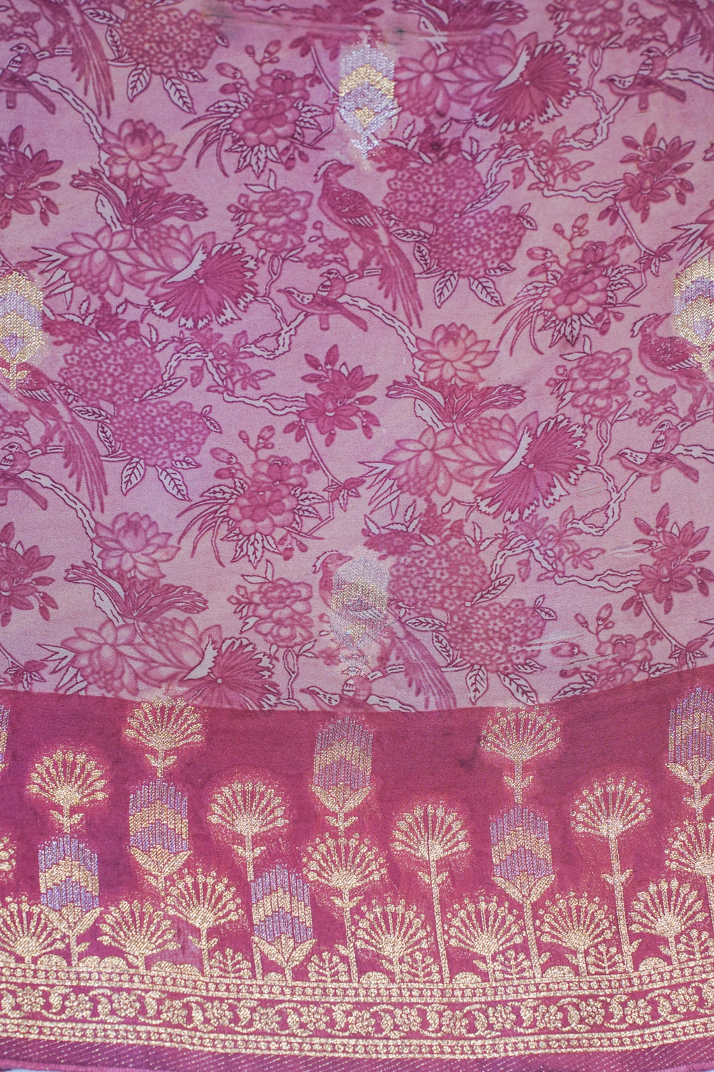 Pink Mushroo Silk Saree with Kalamkari Print (Floral & Bird Patterns)