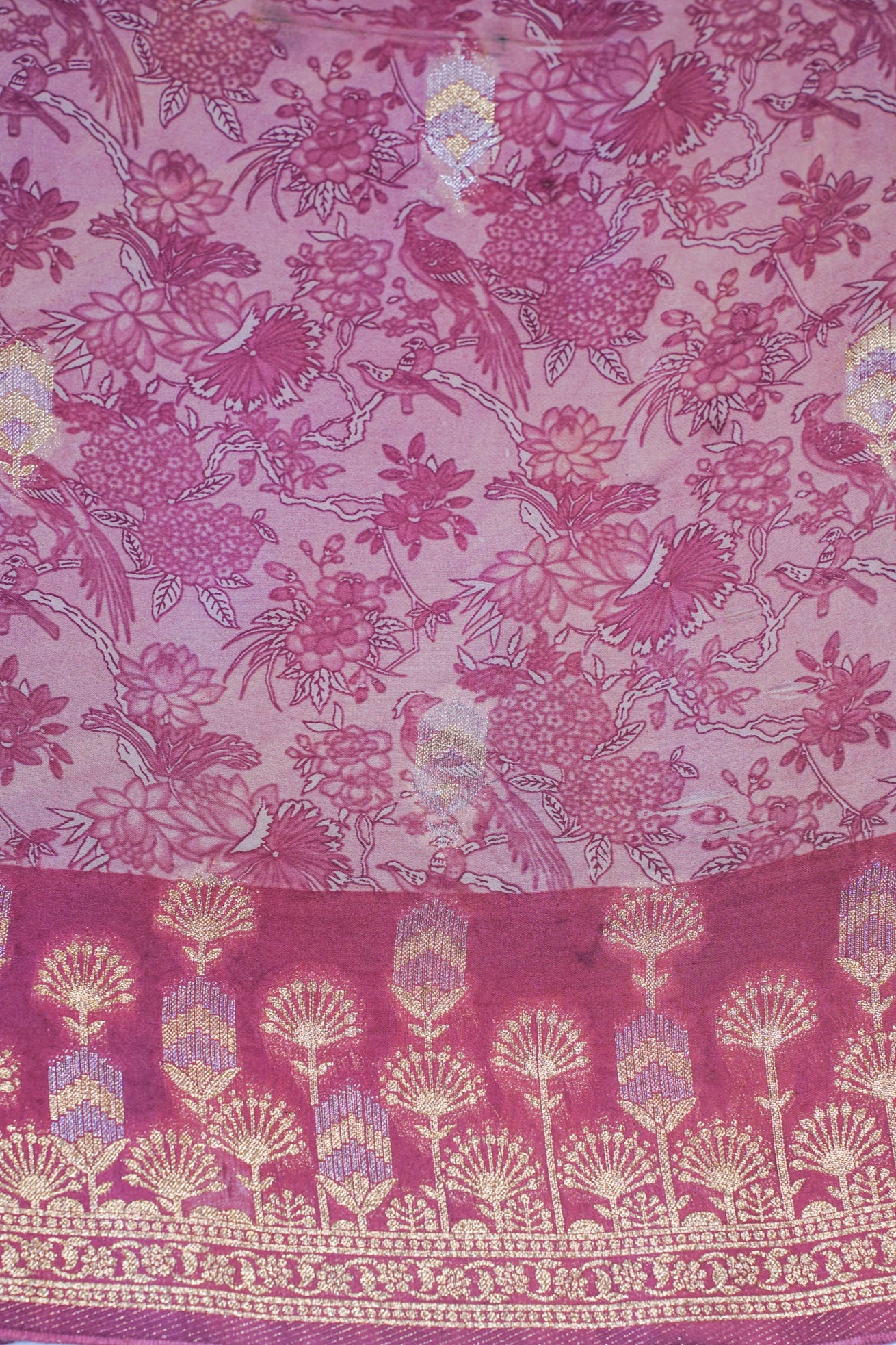Pink Mushroo Silk Saree with Kalamkari Print (Floral & Bird Patterns)