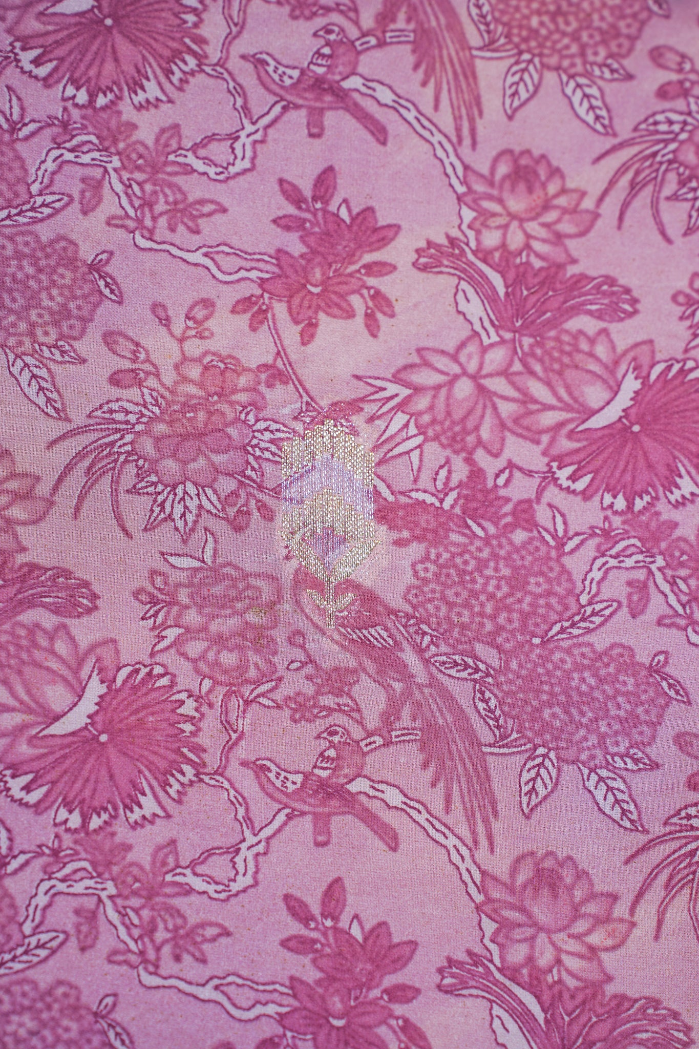 Pink Mushroo Silk Saree with Kalamkari Print (Floral & Bird Patterns)