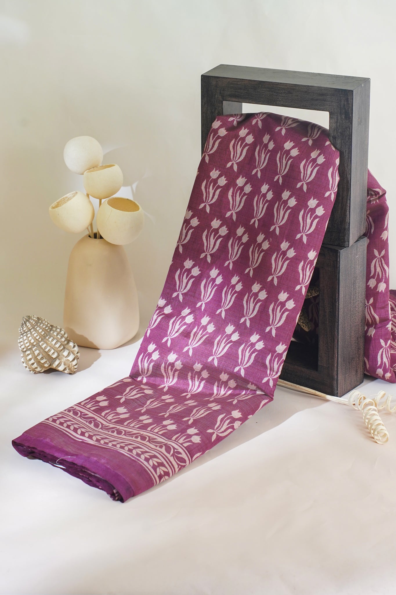 Magenta Tussar Silk Saree with Kalamkari Print (washable)