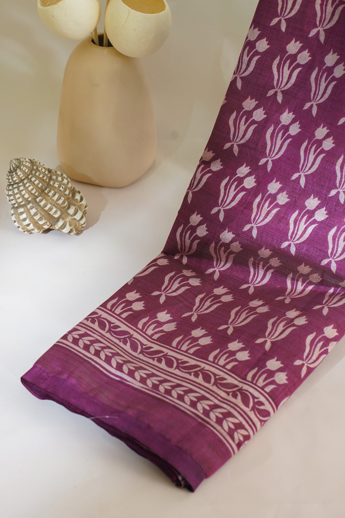Magenta Tussar Silk Saree with Kalamkari Print (washable)
