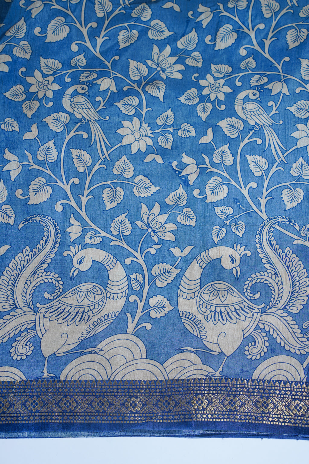 Royal Blue Muga Silk Kalamkari Print Fancy Saree