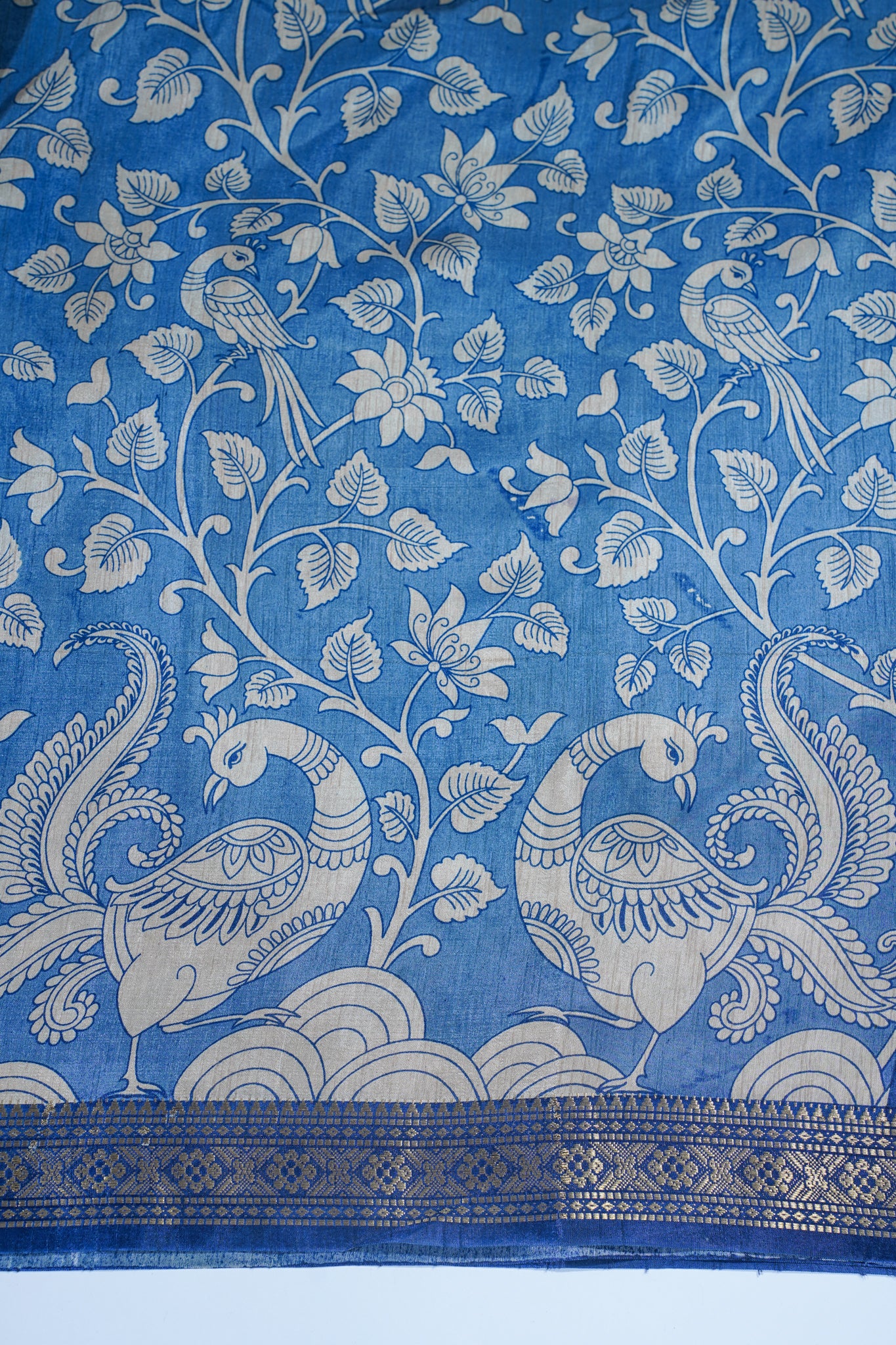Royal Blue Muga Silk Kalamkari Print Fancy Saree