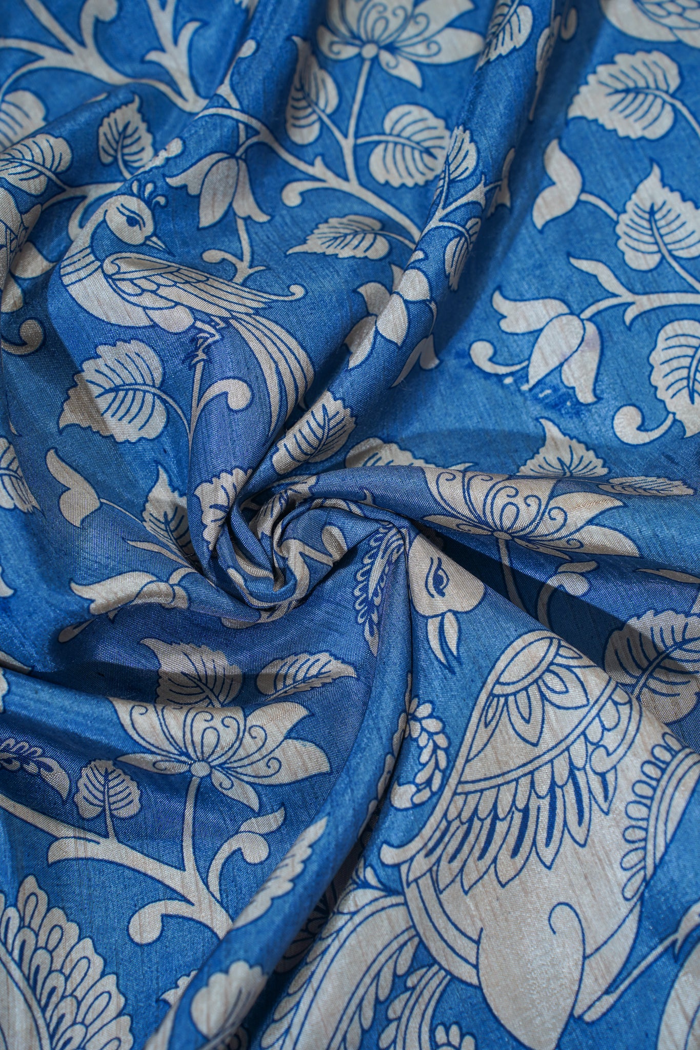 Royal Blue Muga Silk Kalamkari Print Fancy Saree