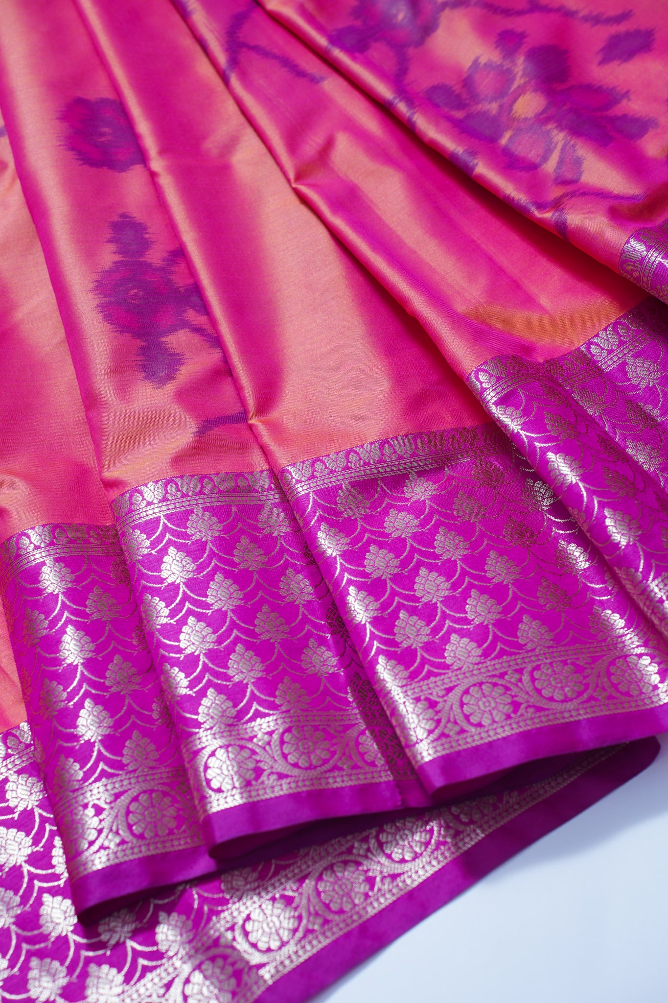 Pink & Purple Soft Silk Saree with Skirt Zari Border & Fancy Print