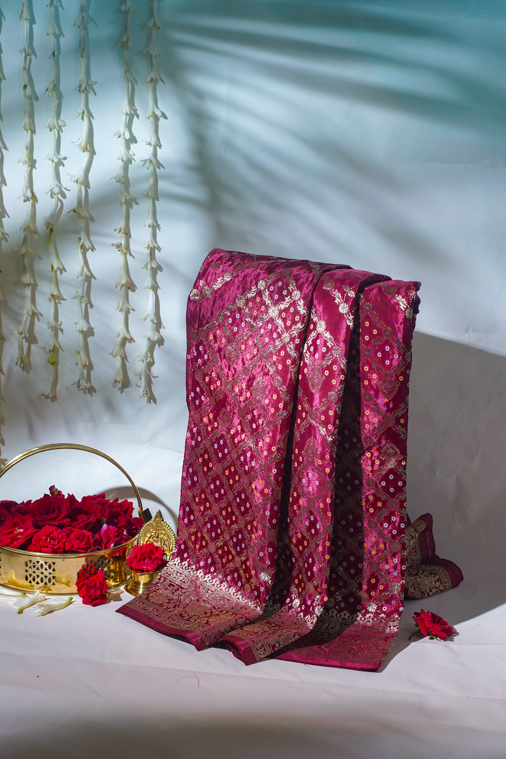 Pink Kora Satin Saree with Bandhani Weaving