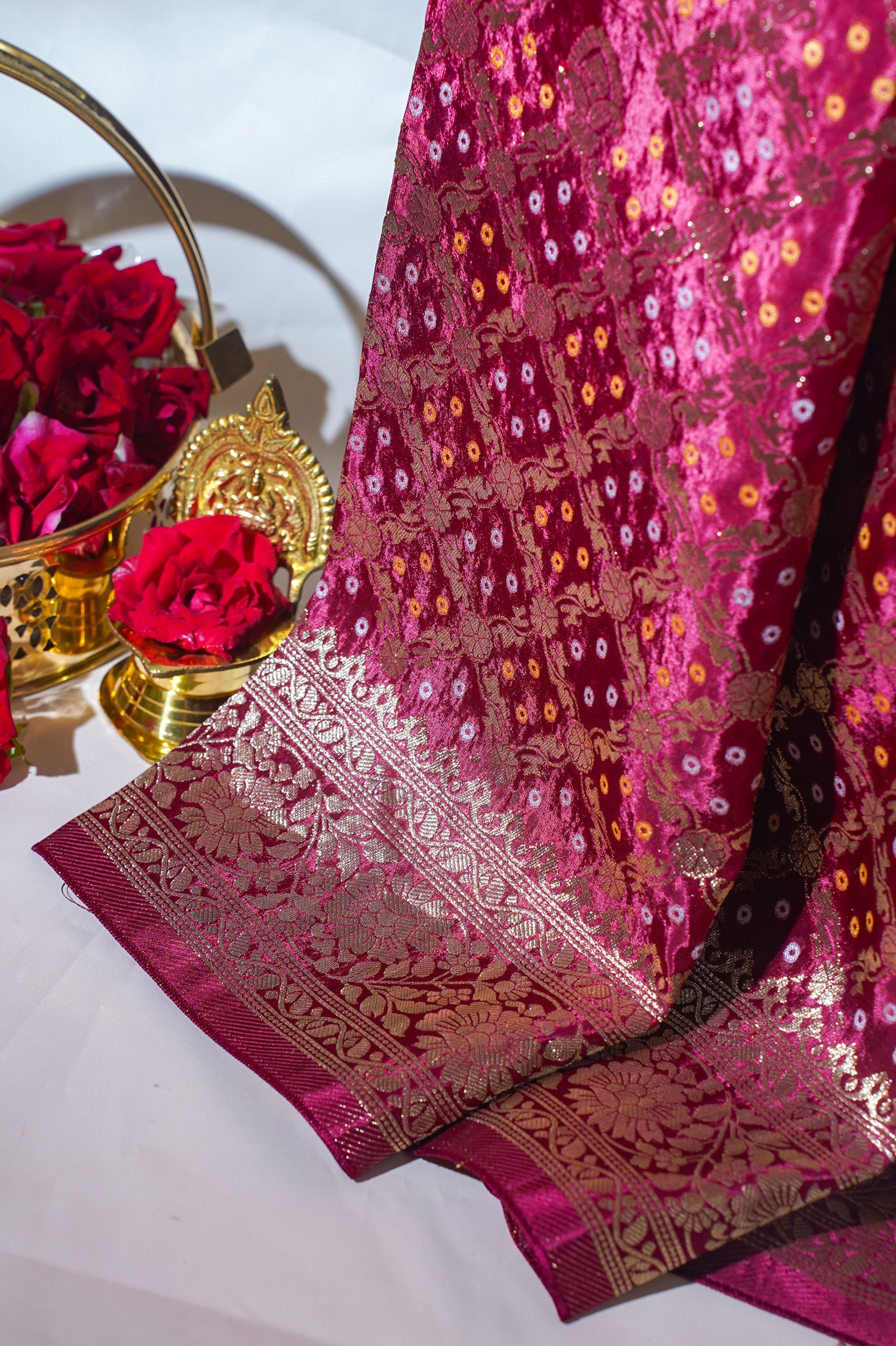 Pink Kora Satin Saree with Bandhani Weaving