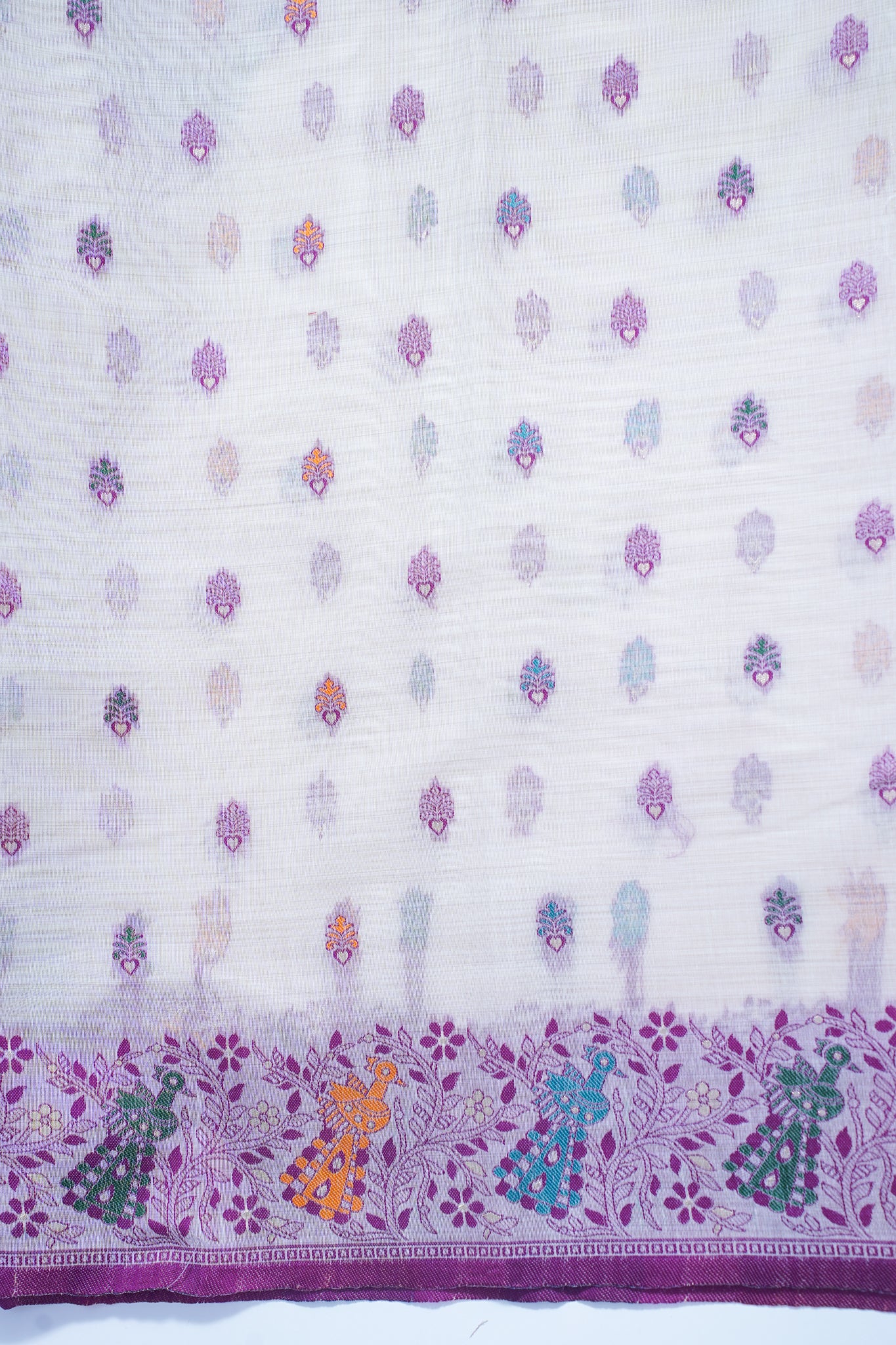 White Cotton Linen Weaving Saree with Colorful Patterns