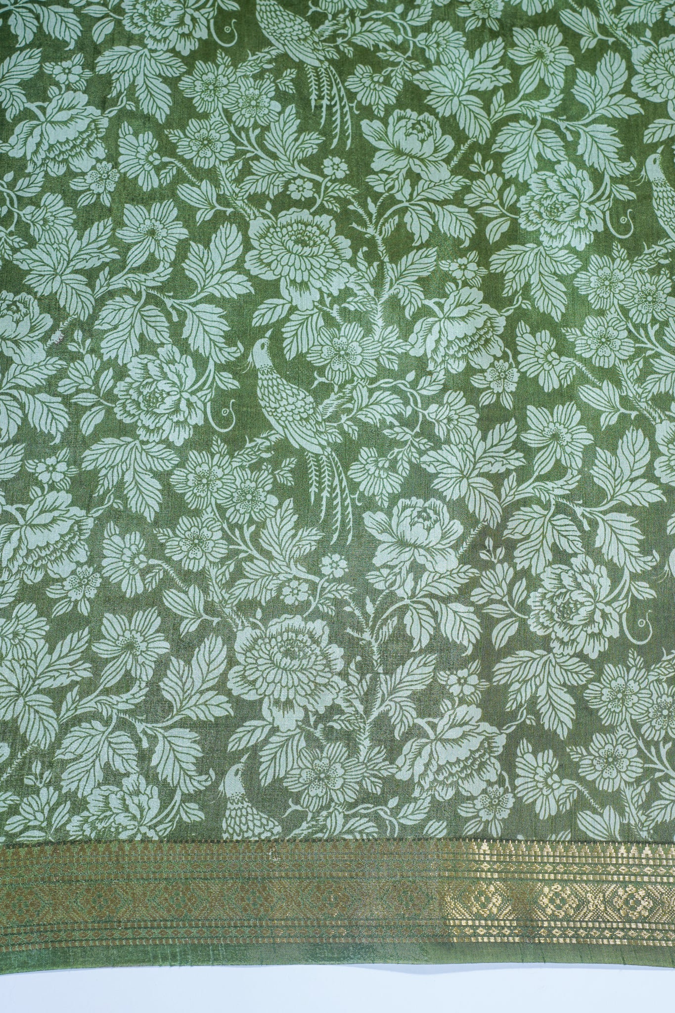 Olive Green Muga silk Kalamkari Print Fancy Saree