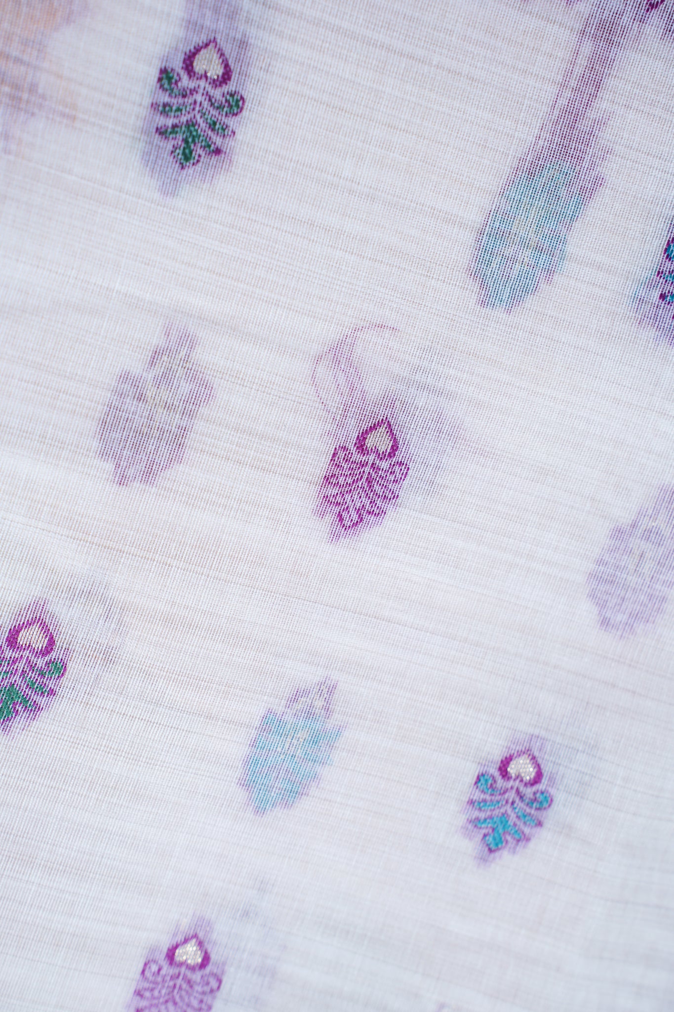 White Cotton Linen Weaving Saree with Colorful Patterns