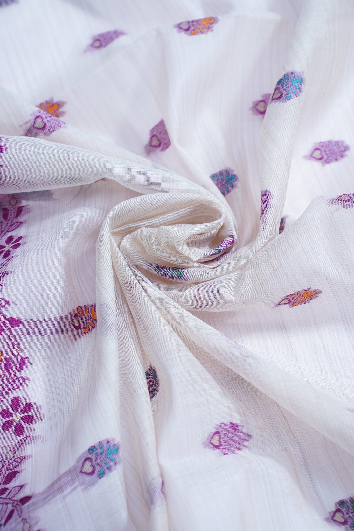 White Cotton Linen Weaving Saree with Colorful Patterns