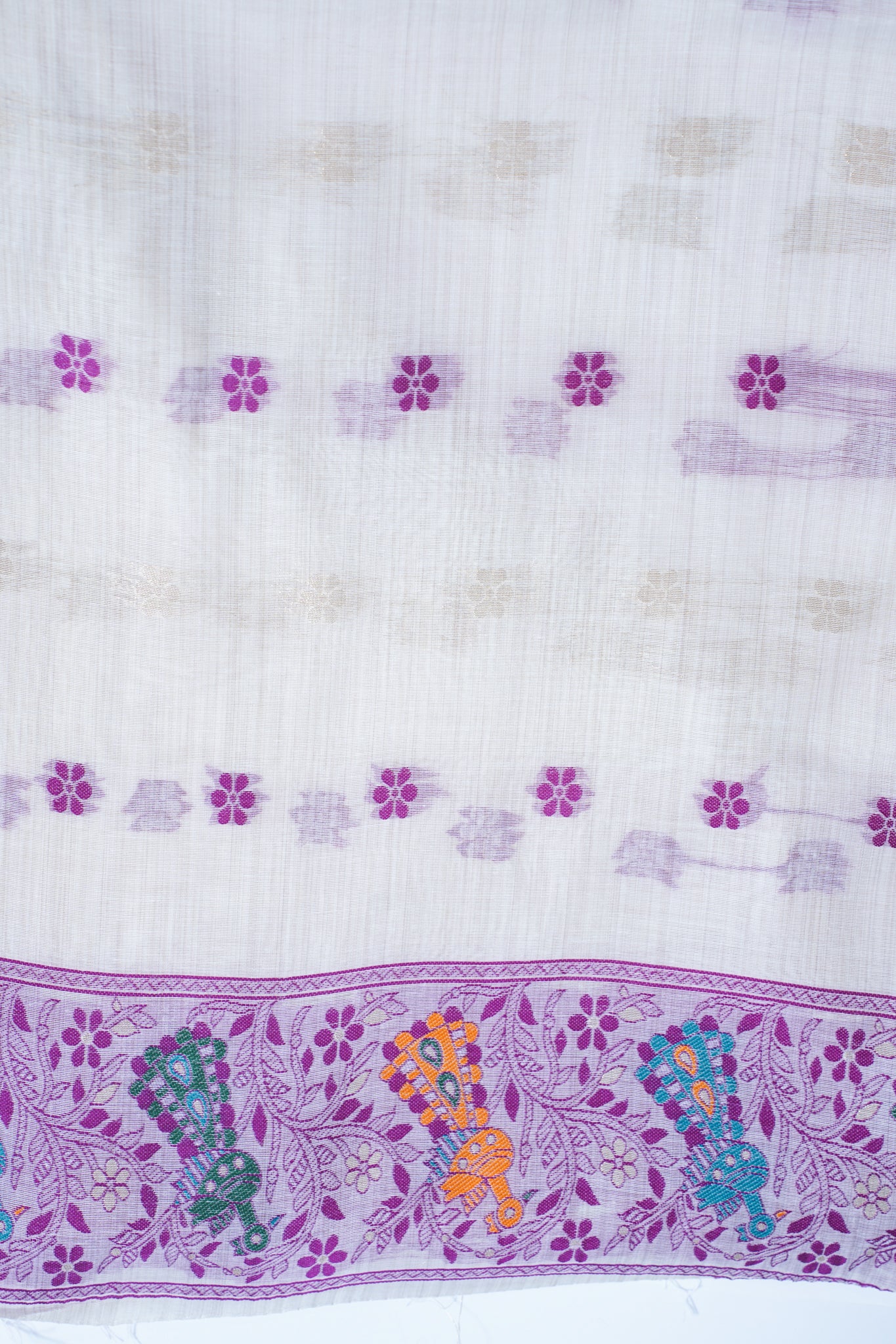 White Cotton Linen Weaving Saree with Colorful Patterns