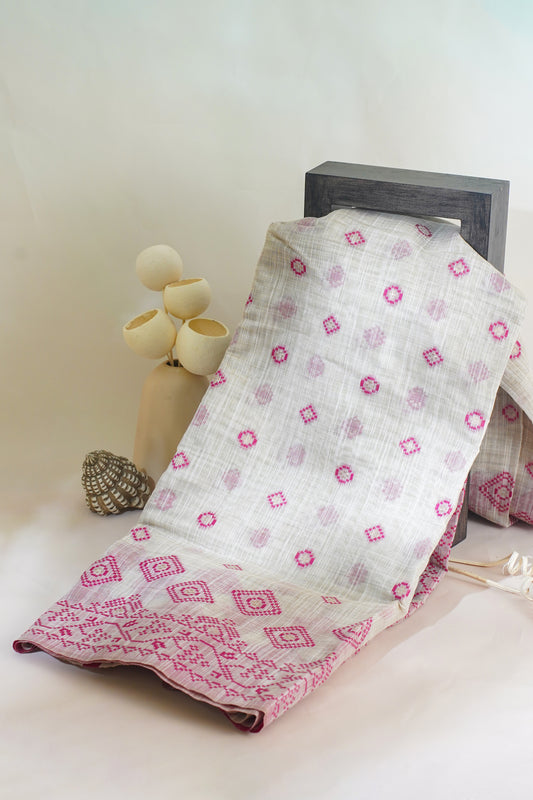 White Cotton Linen Weaving Saree with Pink Geometric Patterns