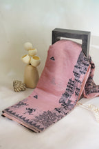 Pink Cotton Linen Weaving Saree with Black Patterns