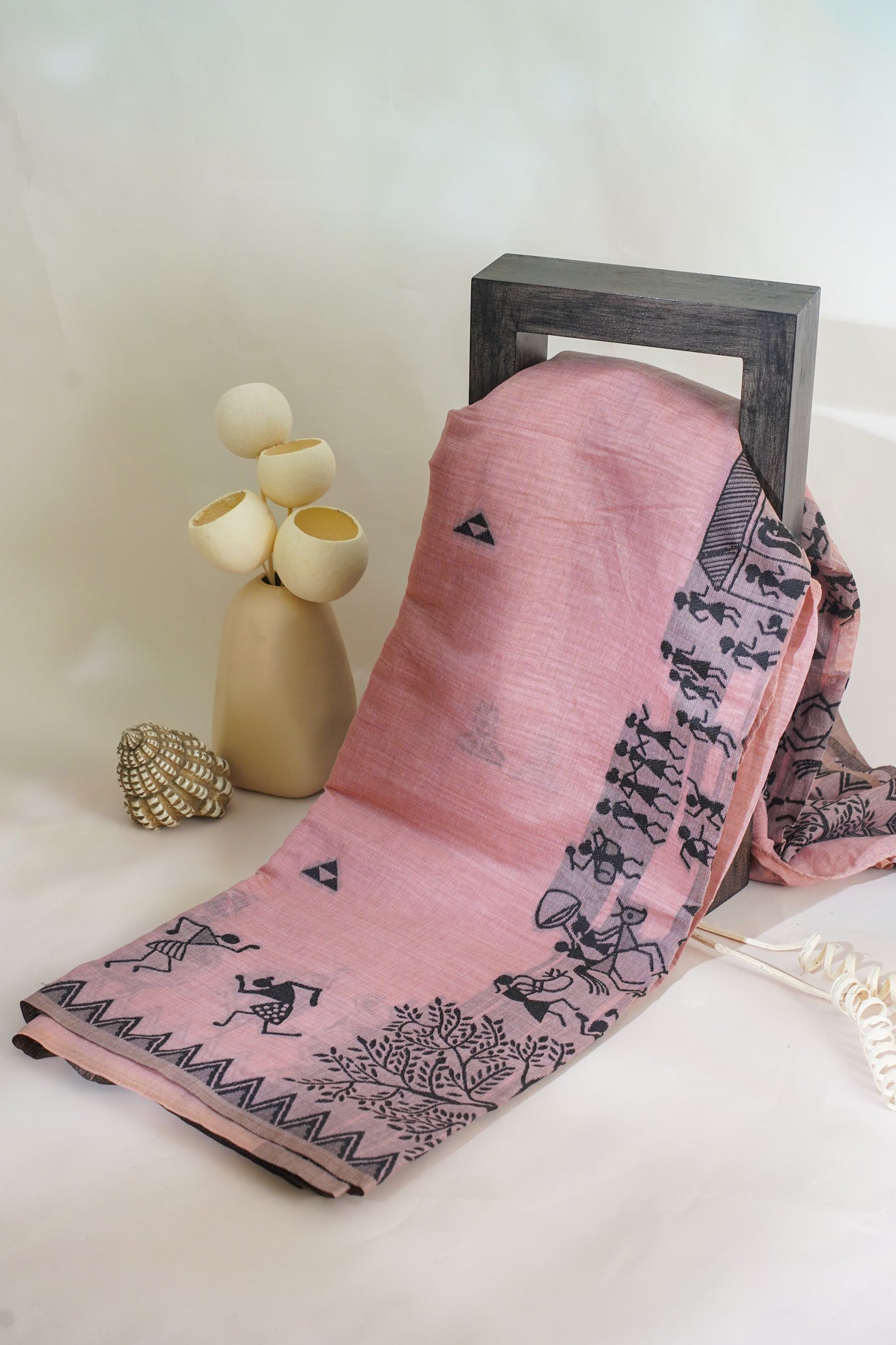 Pink Cotton Linen Weaving Saree with Black Patterns