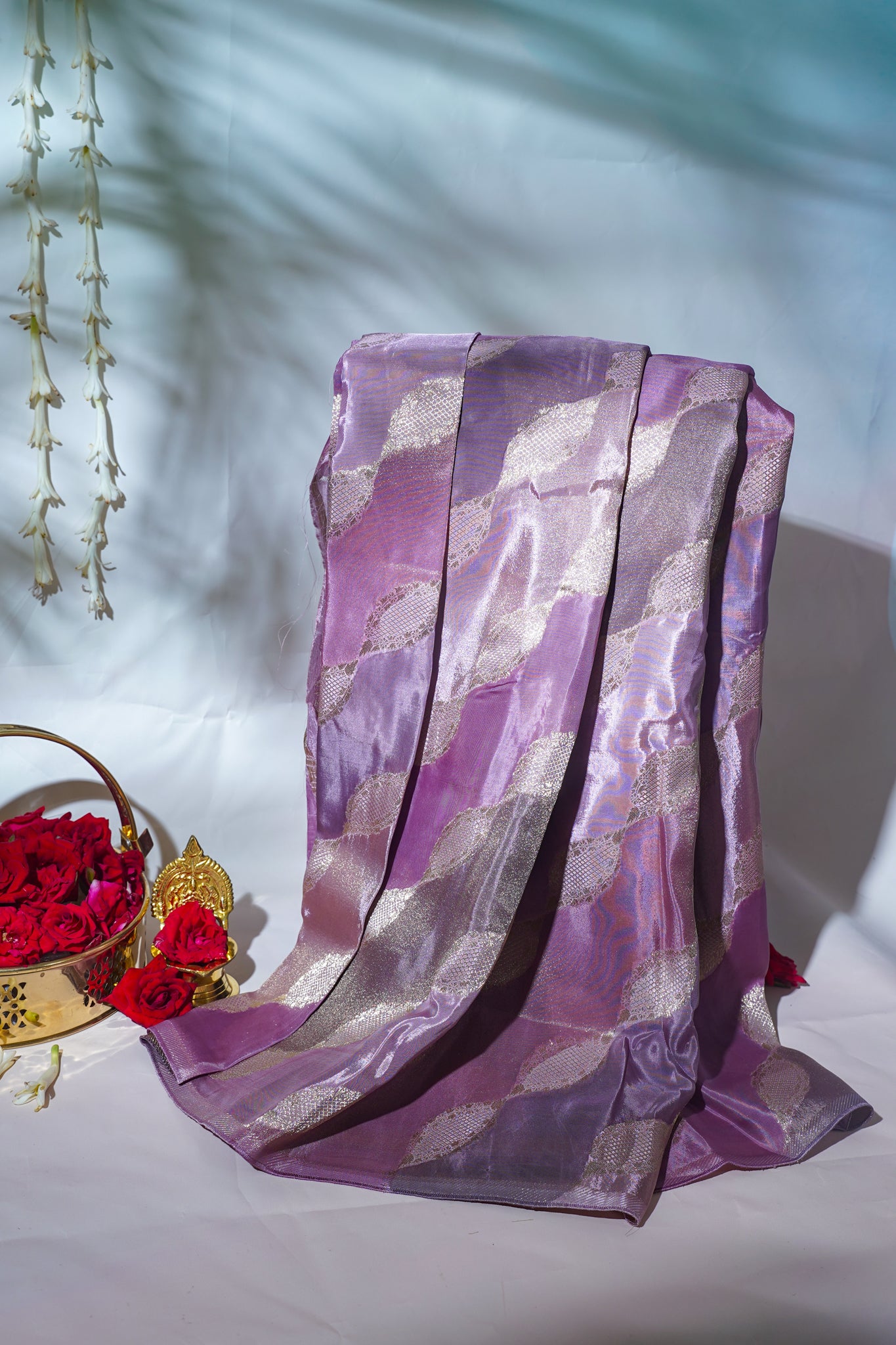 Mauve & Pink Kora Satin Rang kart Saree with Gold Woven Pattern