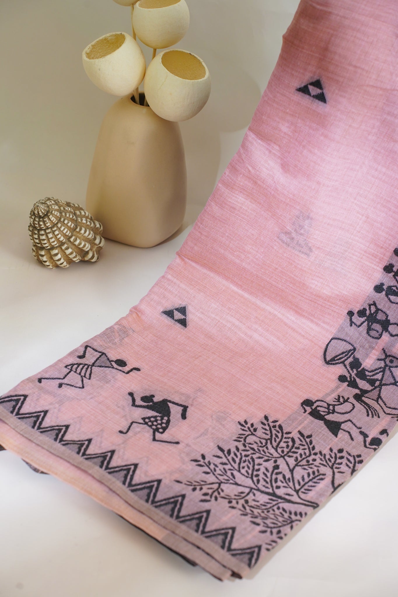 Pink Cotton Linen Weaving Saree with Black Patterns