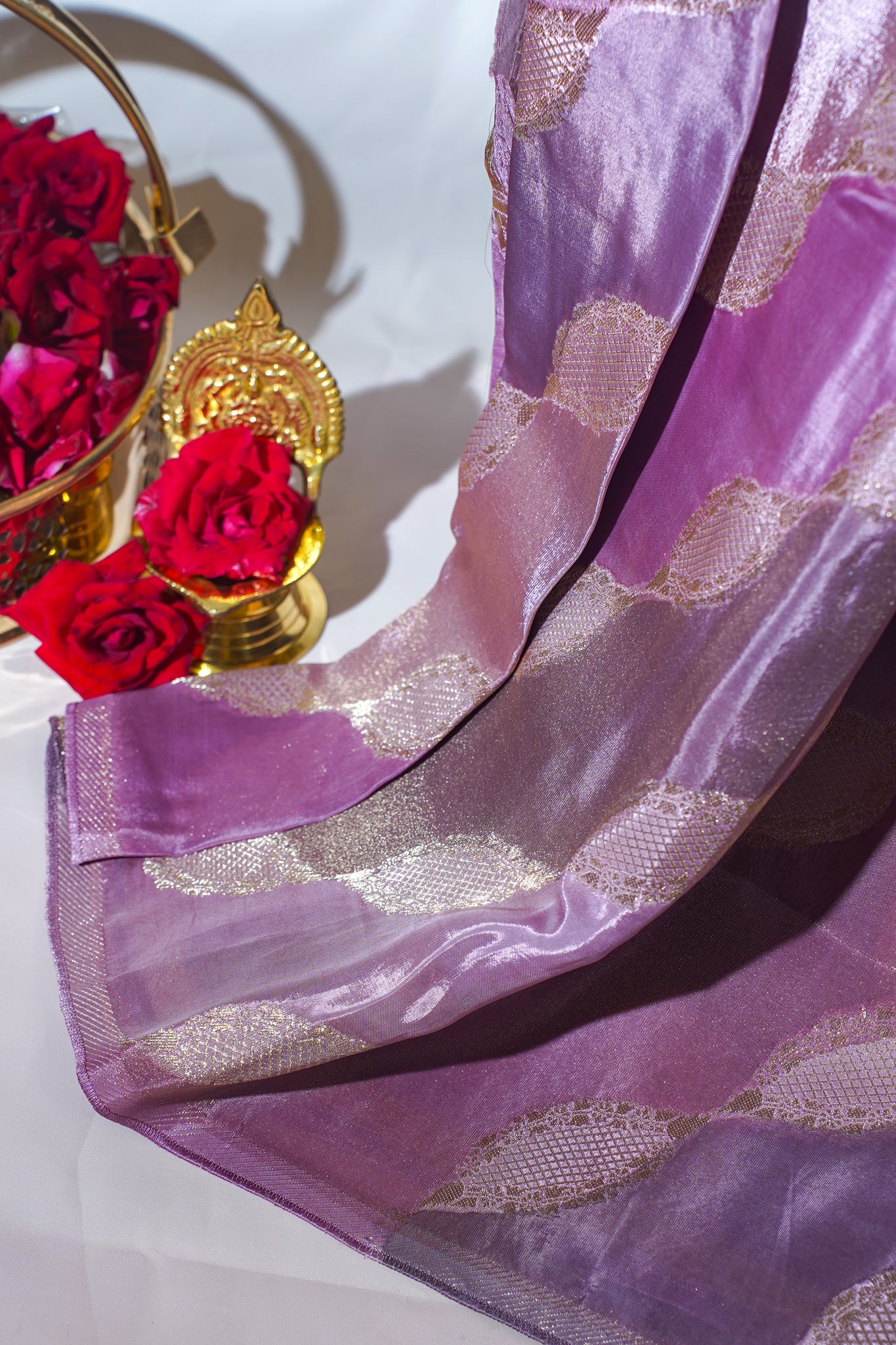 Mauve & Pink Kora Satin Rang kart Saree with Gold Woven Pattern
