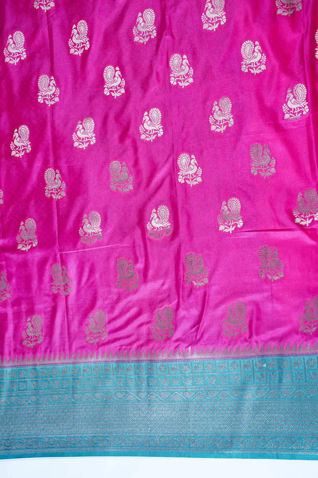 Pink Woven Banarasi Katan Silk Saree with Blue Contrast Border