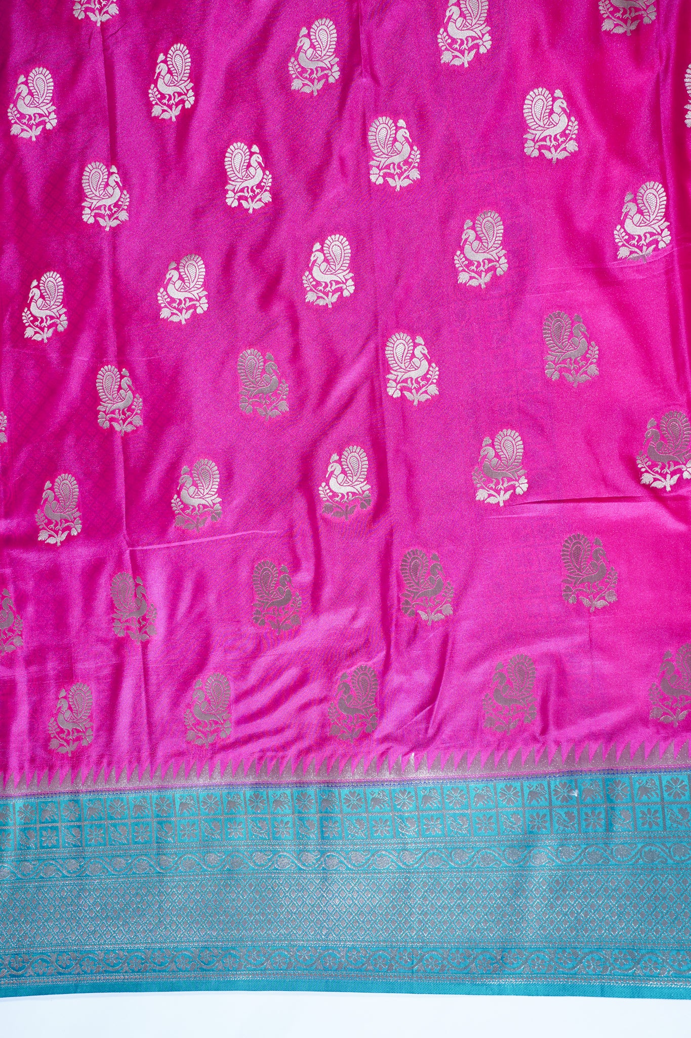 Pink Woven Banarasi Katan Silk Saree with Blue Contrast Border