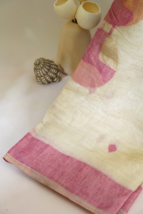 Beige Cotton Linen Weaving Saree with Pink Border