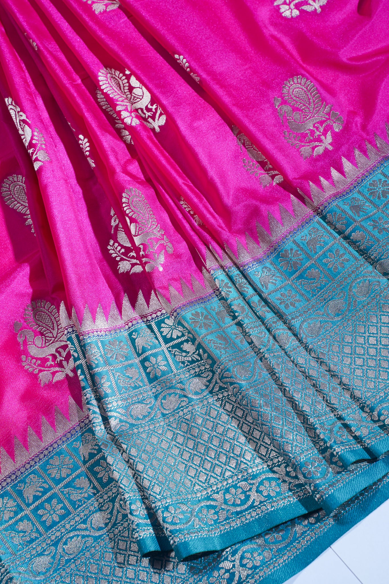 Pink Woven Banarasi Katan Silk Saree with Blue Contrast Border